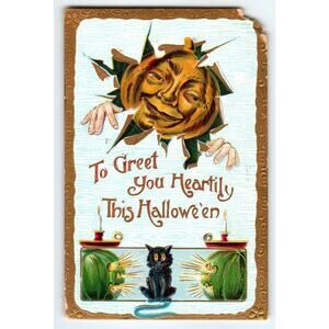 Antique Halloween Postcard Gottschalk Fantasy Goblin Green JOL Black Cat 1910